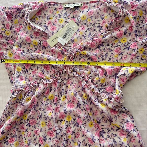 NWT Allison and Kelly Purple Pink Floral Mini Tier Dress Short Sleeve V- Neck L - Picture 7 of 13